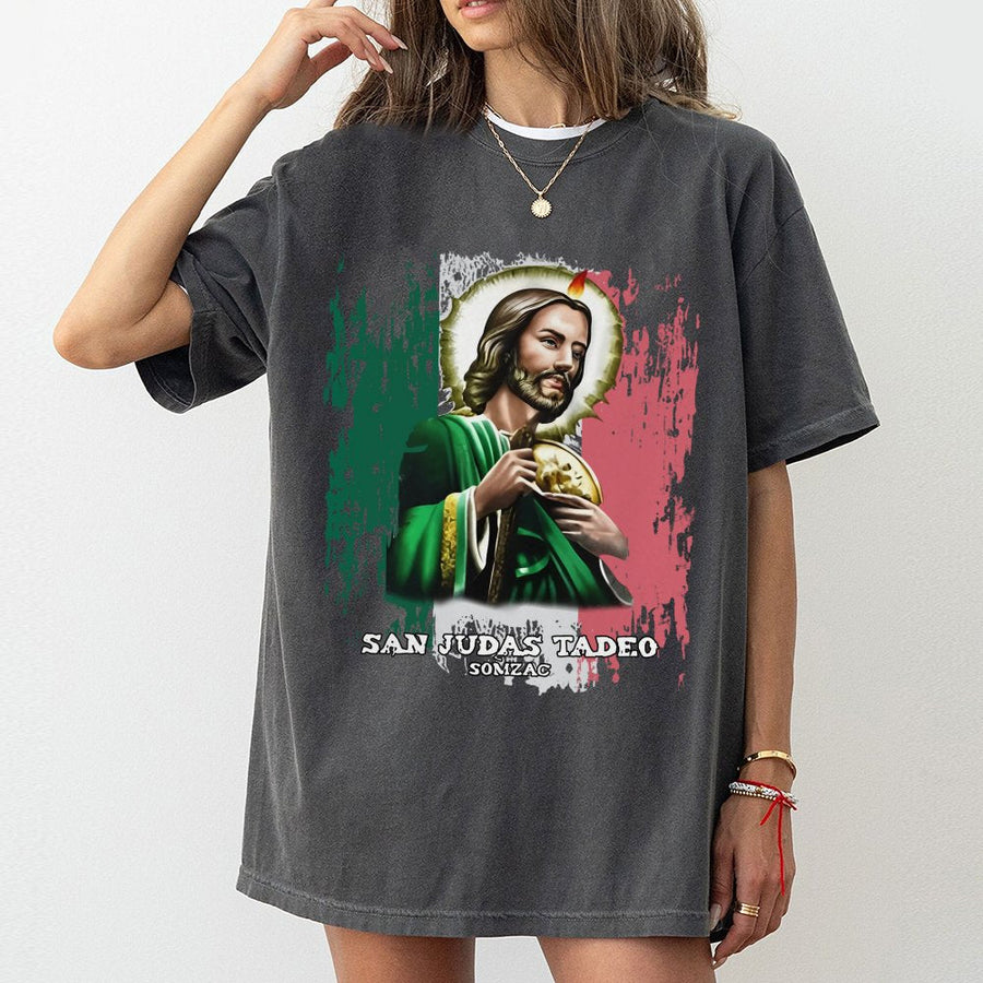 San Judas Tadeo T-Shirt | Mexican Flag Grunge Design | 100% Cotton Religious Graphic Tee | Catholic Faith Gift for Men and Women