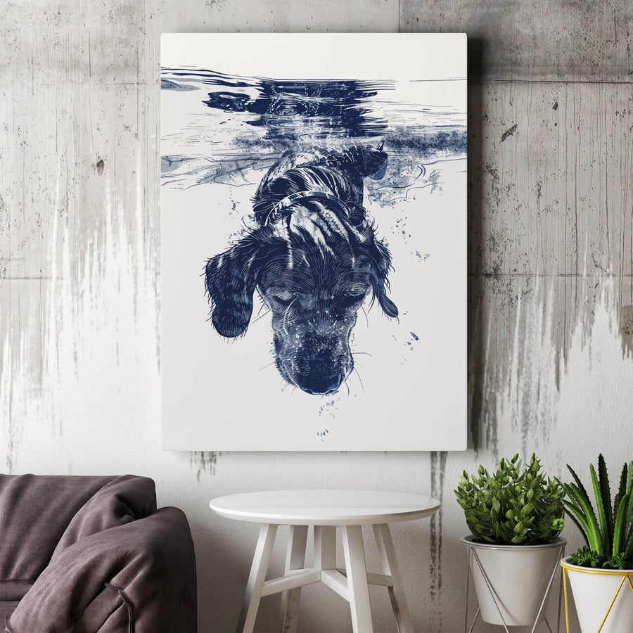 Dog Swimming Underwater Canvas Art | Blue Sketch Animal Wall Decor | Premium Fade-Resistant Gallery Print | Gift for Dog Lovers