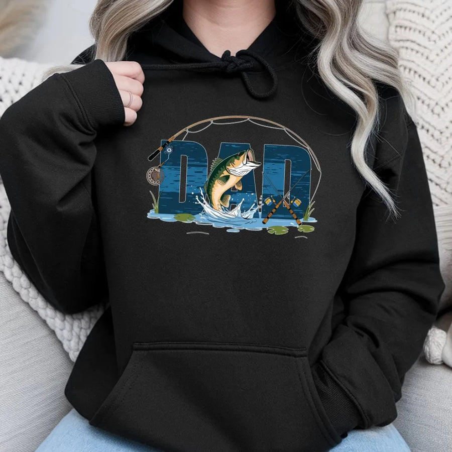 Fishing Dad Hoodie | Bass Fisherman Jumping Fish Graphic | Premium Cotton Blend | Gift for Outdoorsmen, Father's Day 2026, Husband Birthday