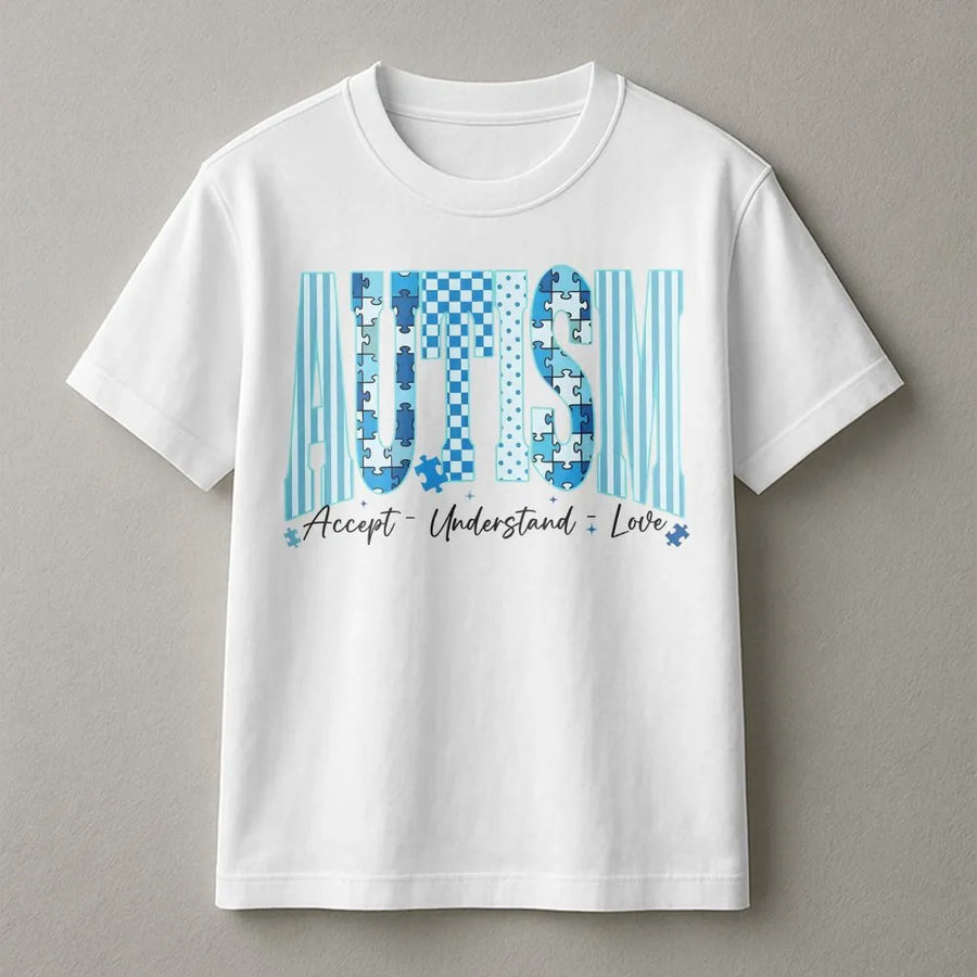Autism Awareness Shirt | Accept Understand Love Puzzle Graphic | Soft Cotton Tee | Neurodiversity Support Gift for Teachers & Parents