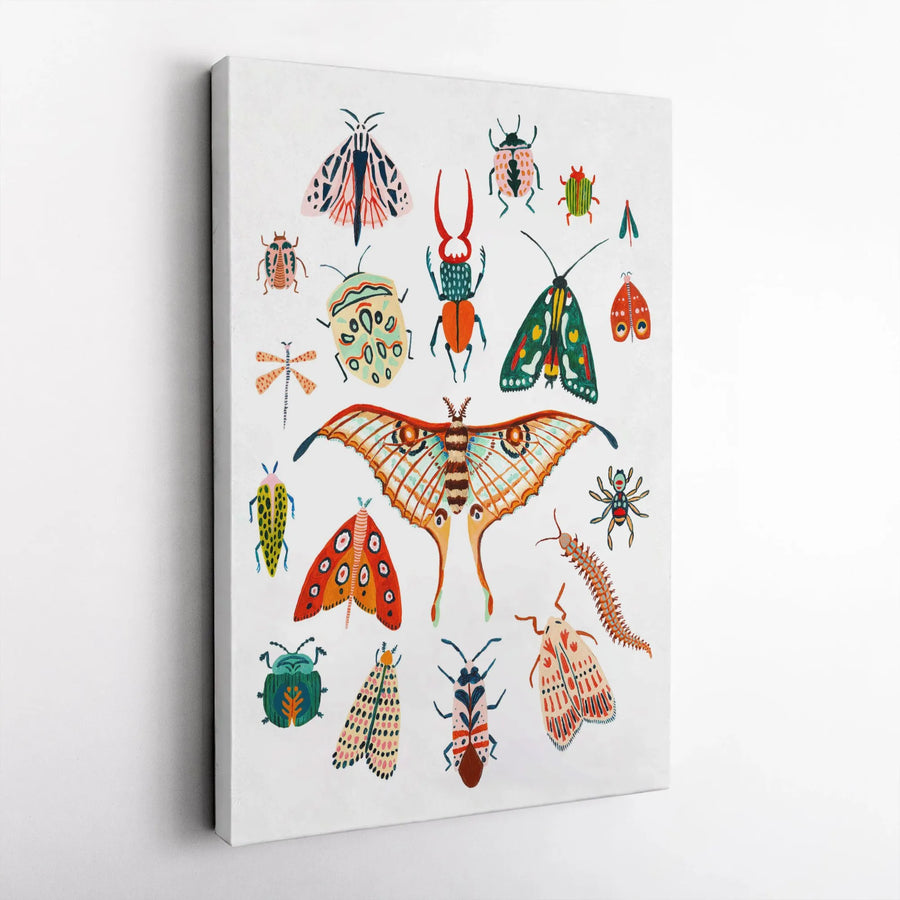 Insect Wall Art Canvas | Colorful Beetle and Butterfly Illustration | Premium Fade-Resistant Gallery Print | Nature Lover Home Decor Gift