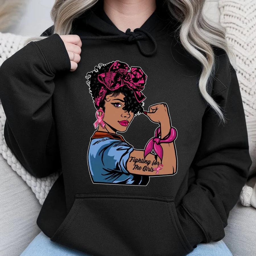 Breast Cancer Awareness Hoodie | Black Woman Fighting For The Girls Design | Premium Cotton Blend | Inspirational Gift For Survivors And Supporters
