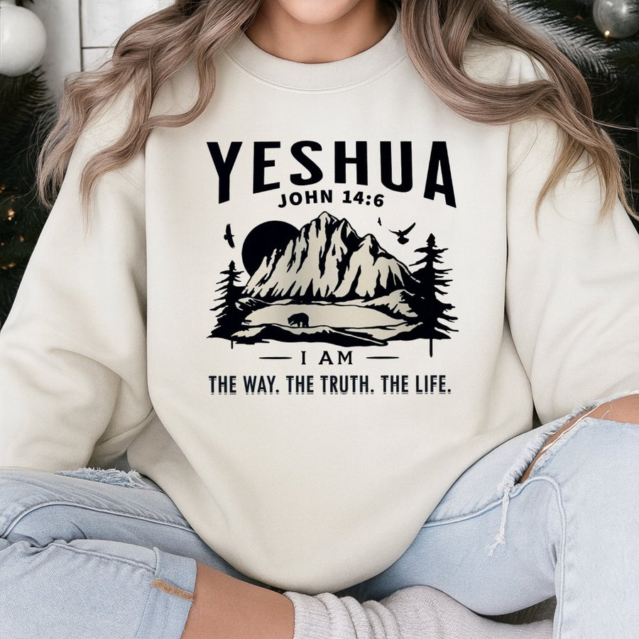Yeshua John 14:6 Sweatshirt | Minimalist Mountain Nature Graphic | Premium Cotton Blend | Christian Gift for Men and Women Faith Apparel