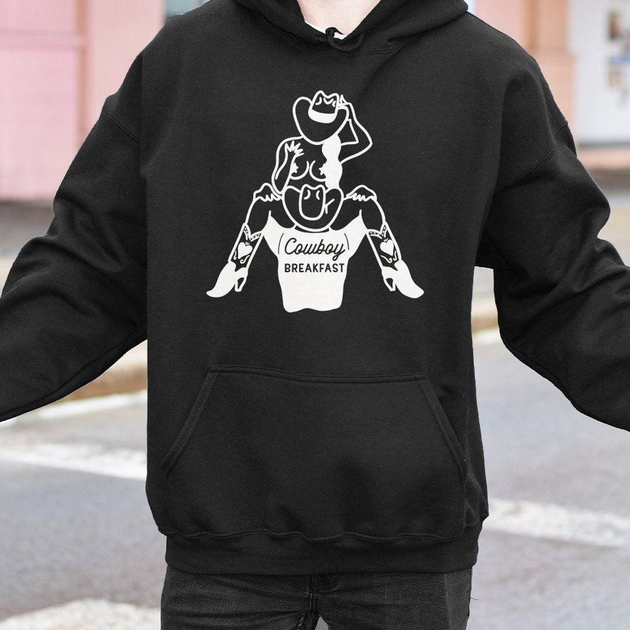 Cowboy Breakfast Hoodie | Retro Western Cowgirl Pinup Graphic | Premium Cotton Blend | Funny Rodeo Humor Gift for Her and Him