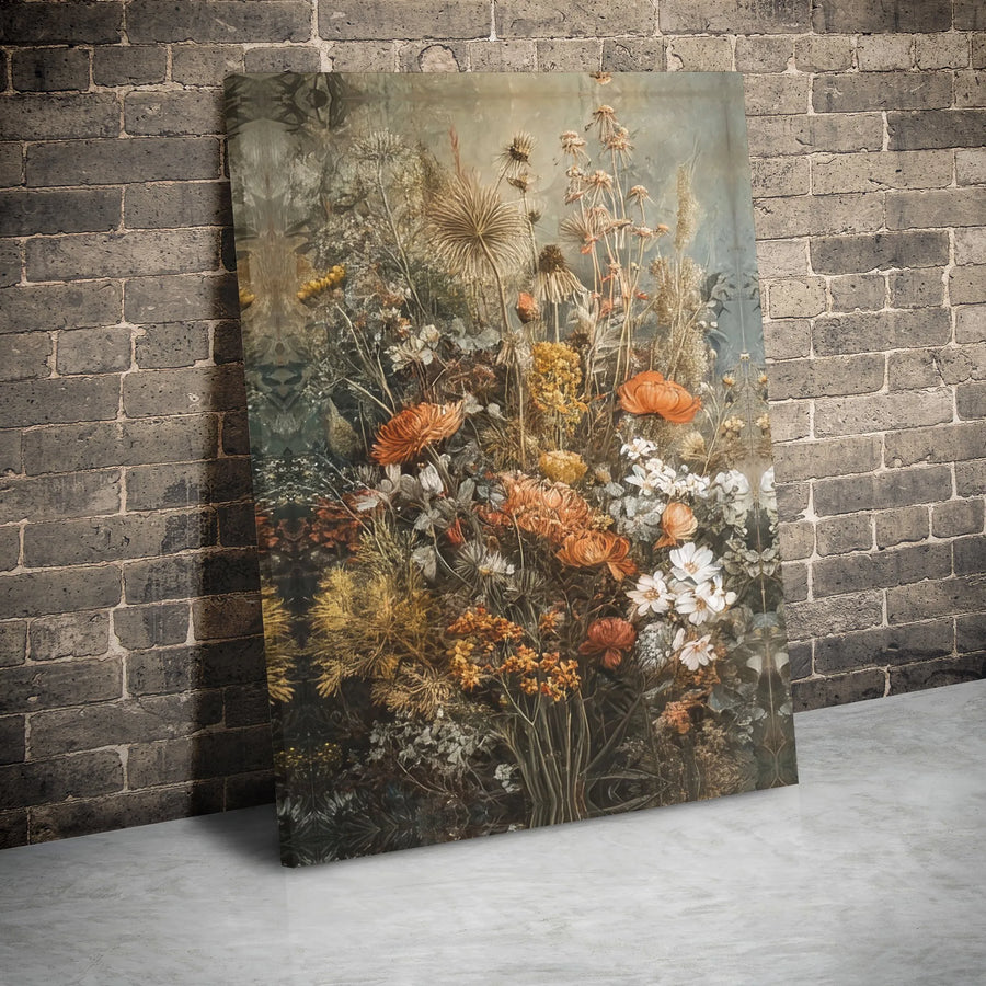 Moody Floral Bouquet Canvas Art | Vintage Dried Flower Still Life | Gallery Wrapped Premium Print | Boho Botanical Wall Decor for Home
