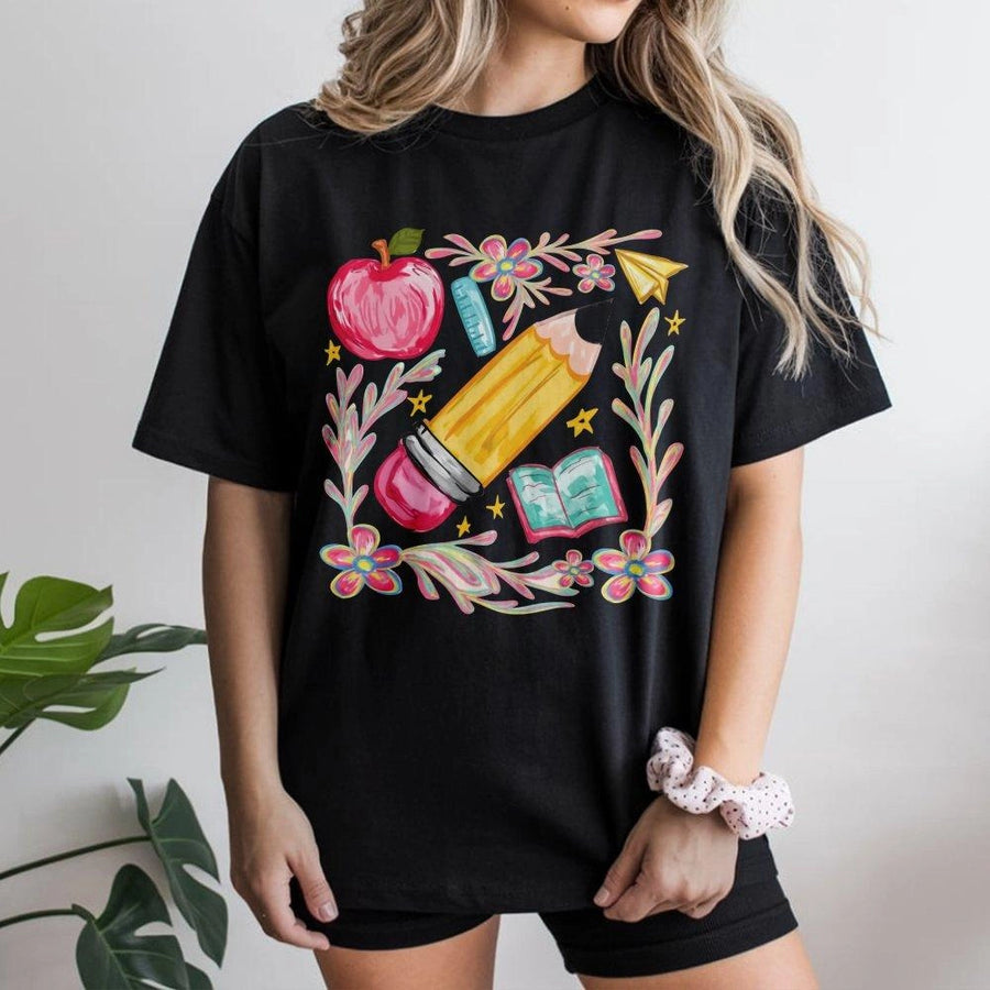 Teacher Back To School T-Shirt | Cute Floral Pencil And Apple Graphic | Premium Soft Cotton Tee | Perfect Gift For Educators And Students