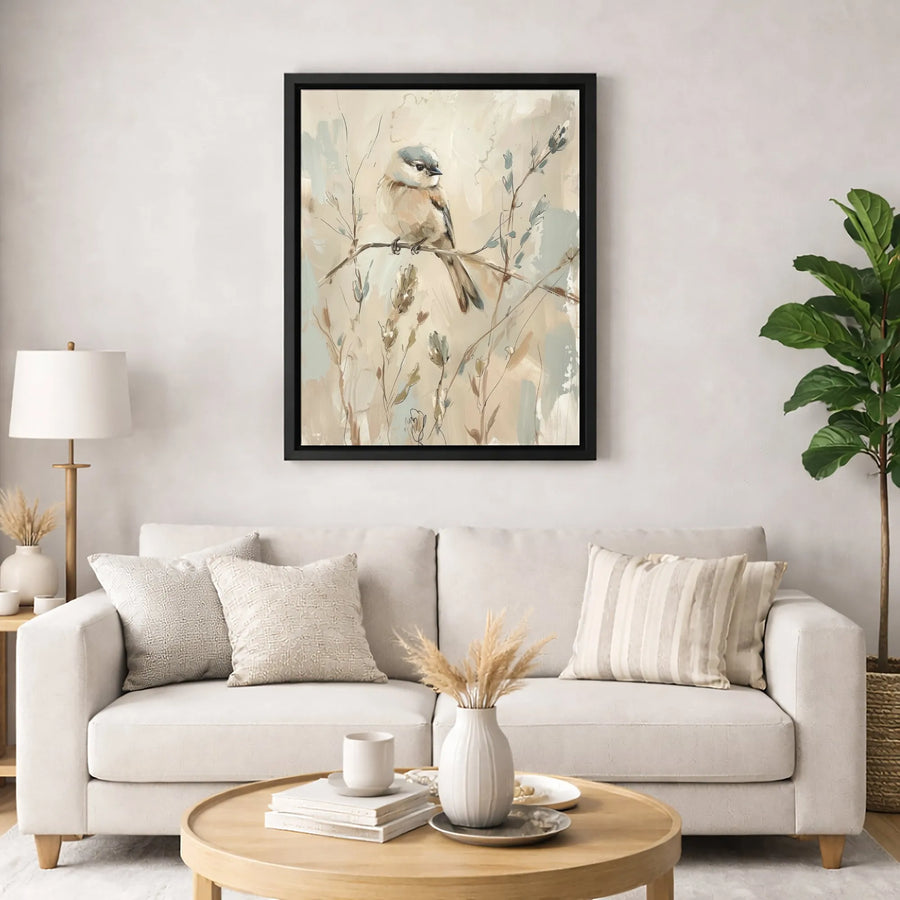 Bird on Branch Canvas Wall Art | Neutral Watercolor Animal Print | Premium Fade-Resistant Gallery Wrap | Modern Home Decor Gift