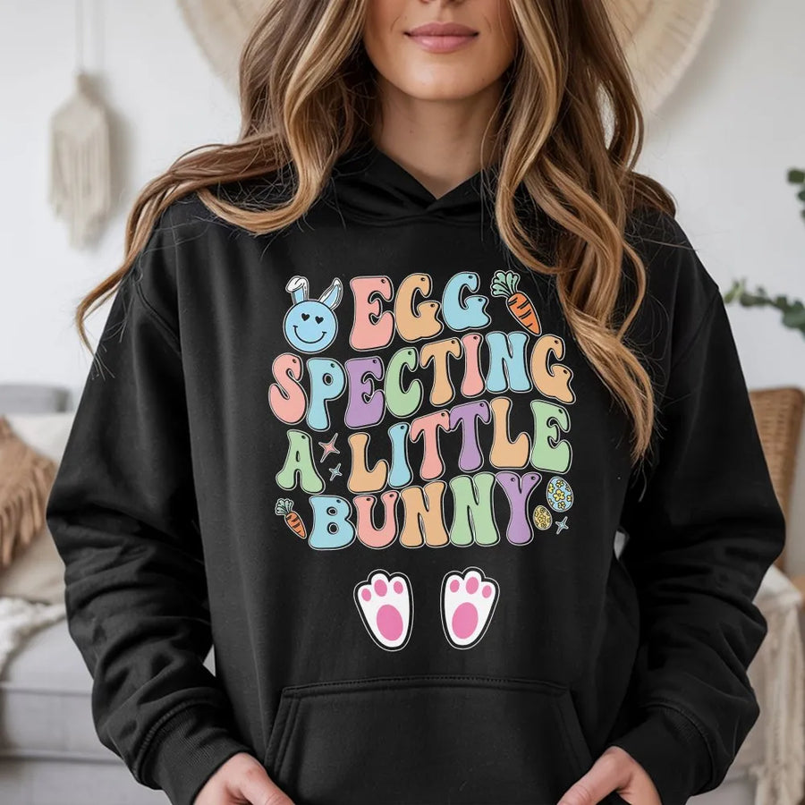 Eggspecting A Little Bunny Hoodie | Retro Easter Pregnancy Announcement Design | Premium Cotton Blend | Funny Expecting Mom Gift
