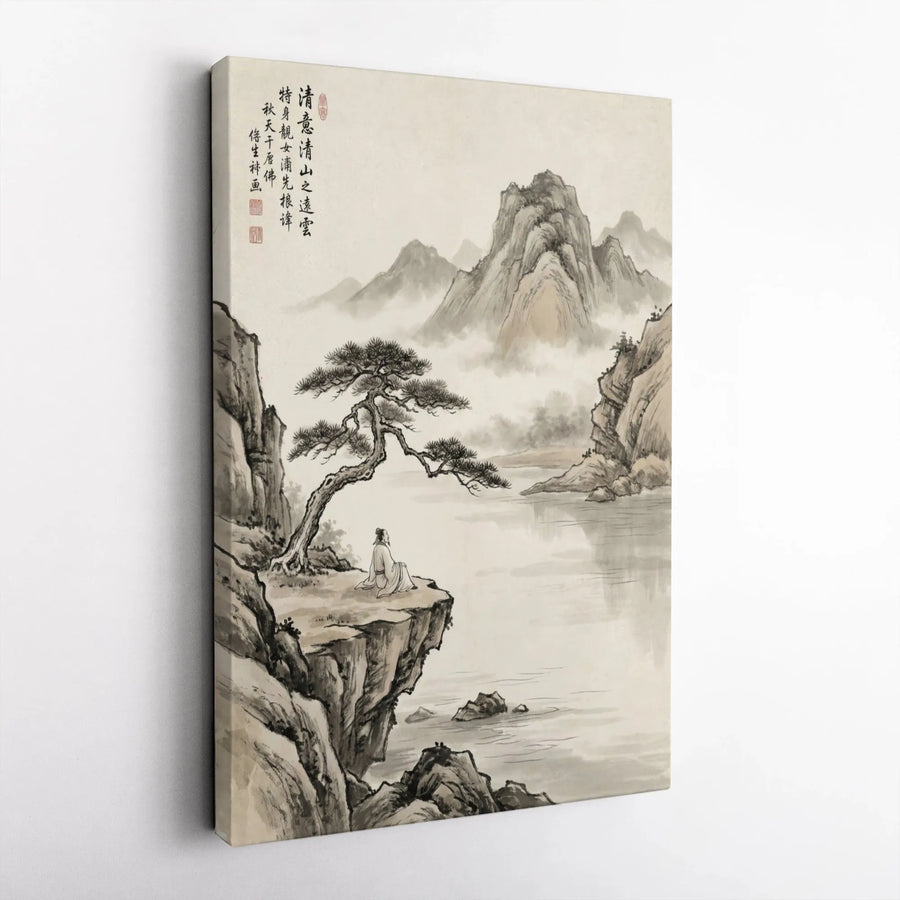 Japanese Ink Wash Vertical Canvas | Mountain Landscape Painting with Calligraphy | Premium Gallery Wrapped Print | Minimalist Zen Wall Art for Home Decor Gift