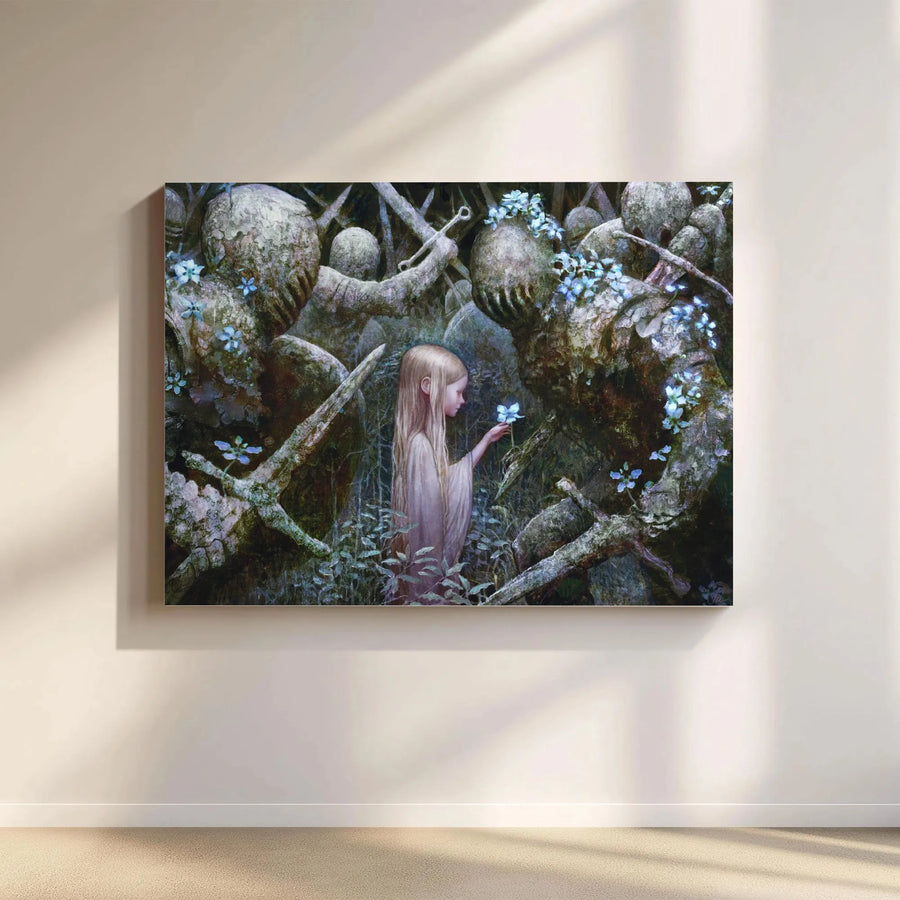 Dark Fantasy Canvas Wall Art | Girl in Forest of Stone Knights | Gallery Quality Print | Fantasy Art Collector Gift