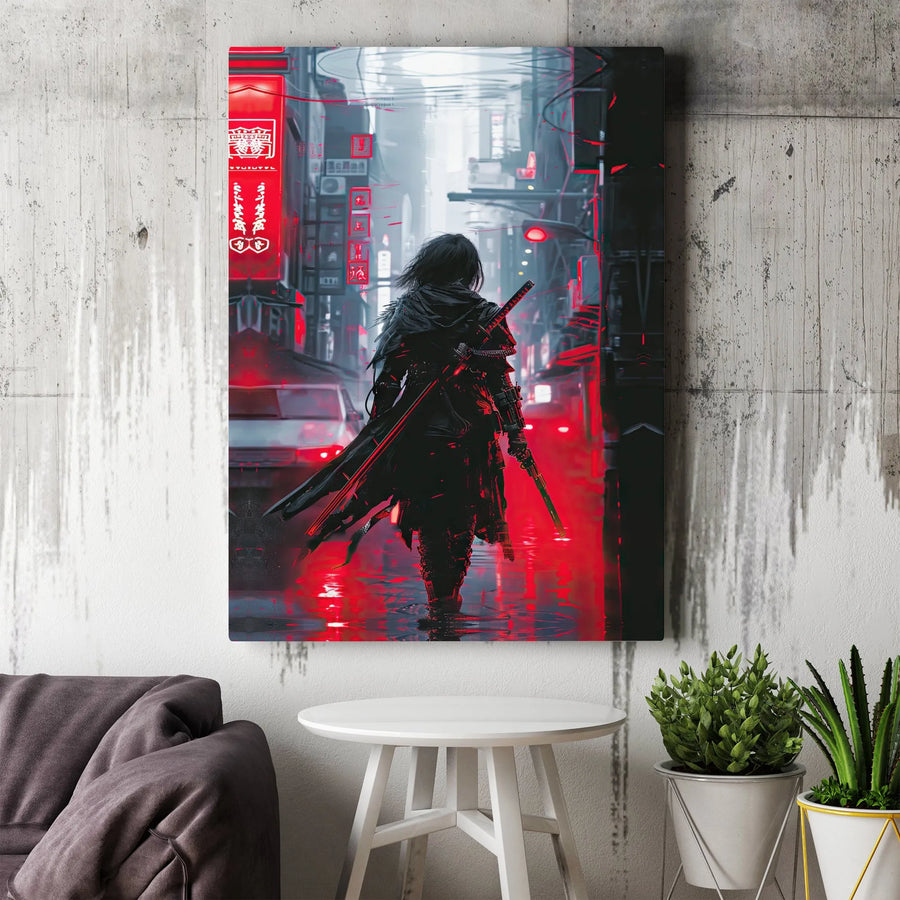 Cyberpunk Samurai Wall Art | Neon Red Rain Cityscape Canvas Print | Premium 1.25 Inch Gallery Wrap | Futuristic Decor for Gaming Room
