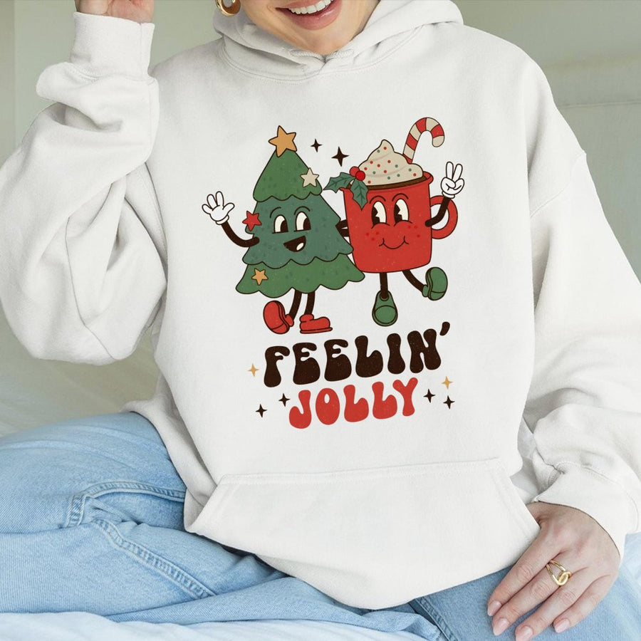 Retro Christmas Hoodie | Feelin' Jolly Tree and Cocoa Graphic | Soft Cotton-Blend Premium Quality | Festive Holiday Gift for Her