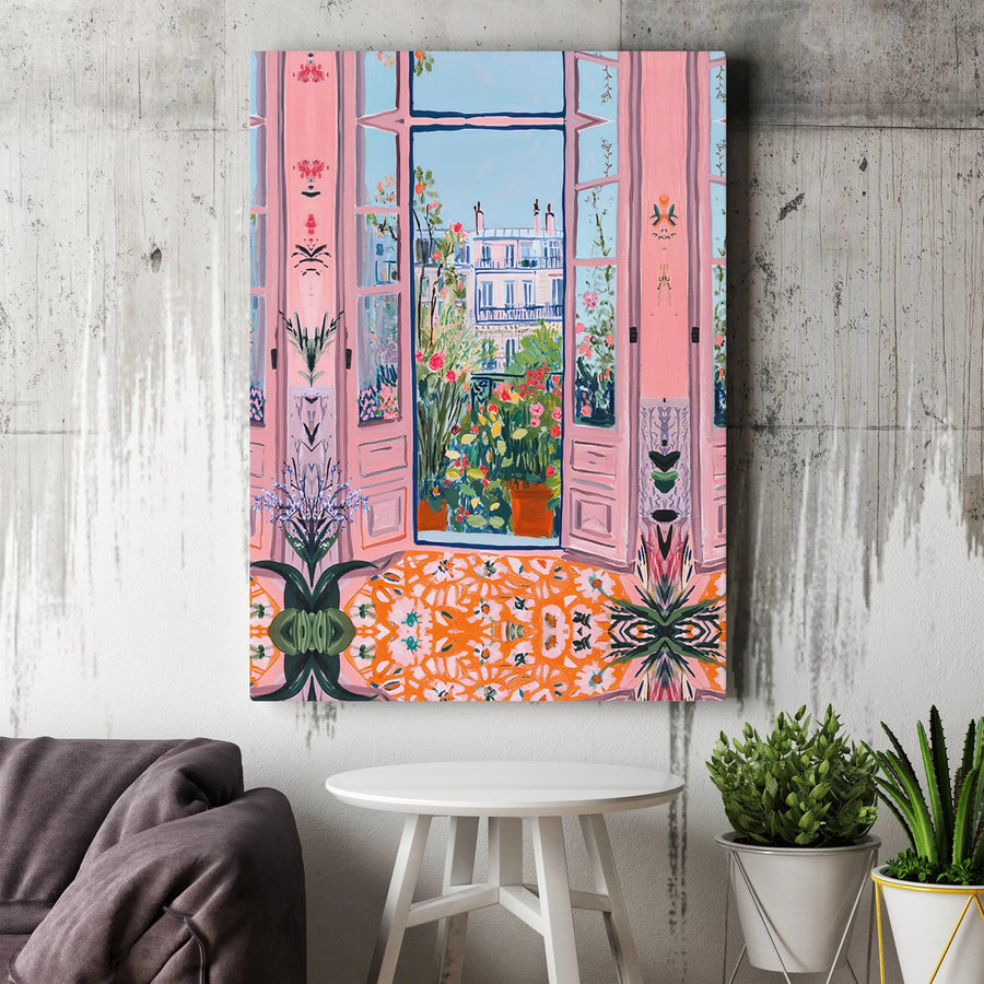 Parisian Window Canvas Art | Vibrant Pink Balcony Garden View | Gallery-Wrapped Premium Print | French Aesthetic Home Decor Gift