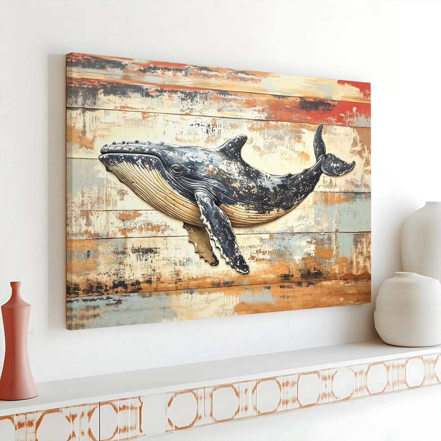 Humpback Whale Canvas Wall Art | Rustic Distressed Wood Design | Premium Gallery Wrap Print | Coastal Home Office Decor Gift