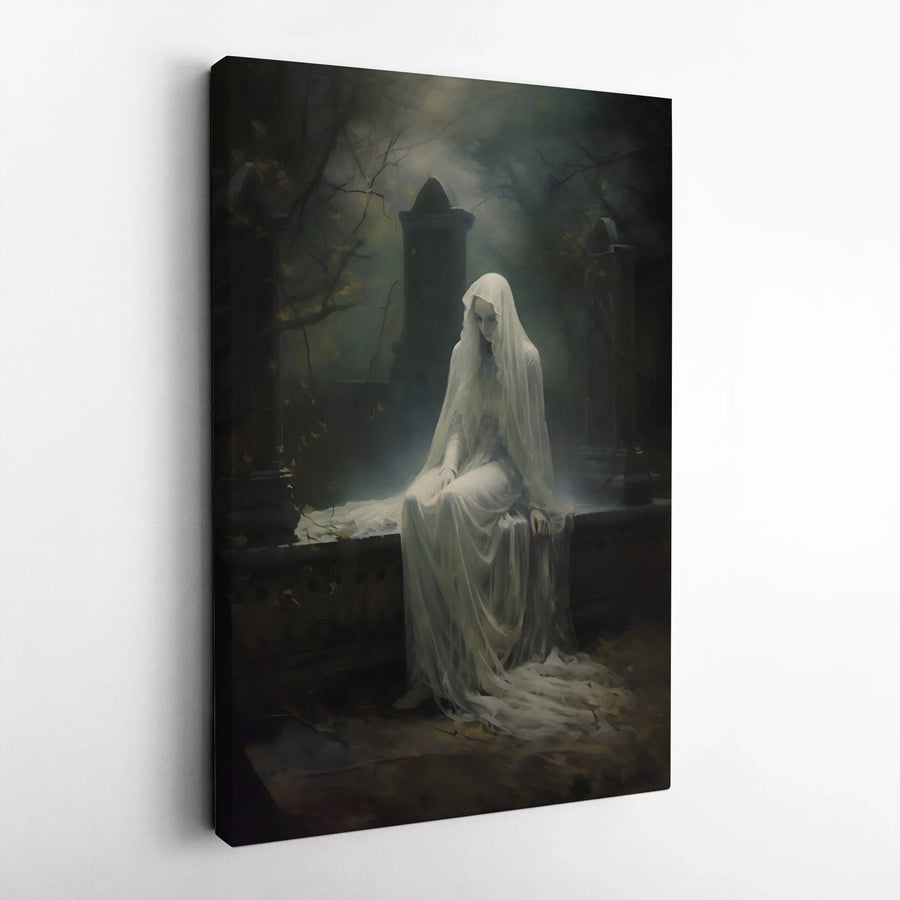 Gothic Graveyard Canvas Wall Art | Mourning Ghostly Woman in White Veil | 1.25-Inch Premium Gallery Wrap | Dark Academia Home Decor Gift