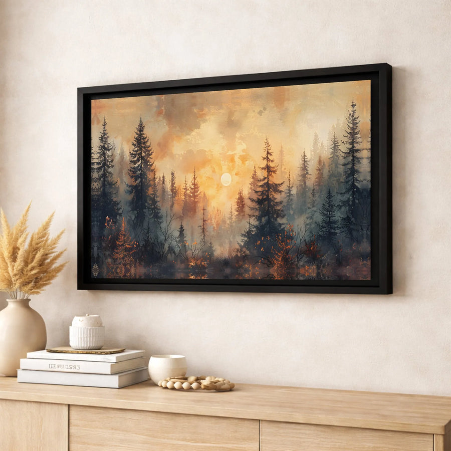Misty Pine Forest Canvas Art | Golden Sunrise Landscape Print | 1.25 Inch Gallery Quality Wall Decor | Nature Inspired Home Office Gift
