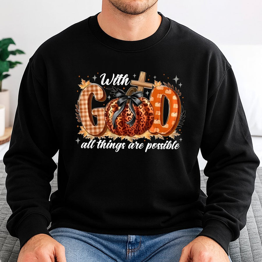With God All Things Are Possible Sweatshirt | Christian Pumpkin Leopard Print | Premium Cotton Blend | Faith-Based Fall Gift for Women