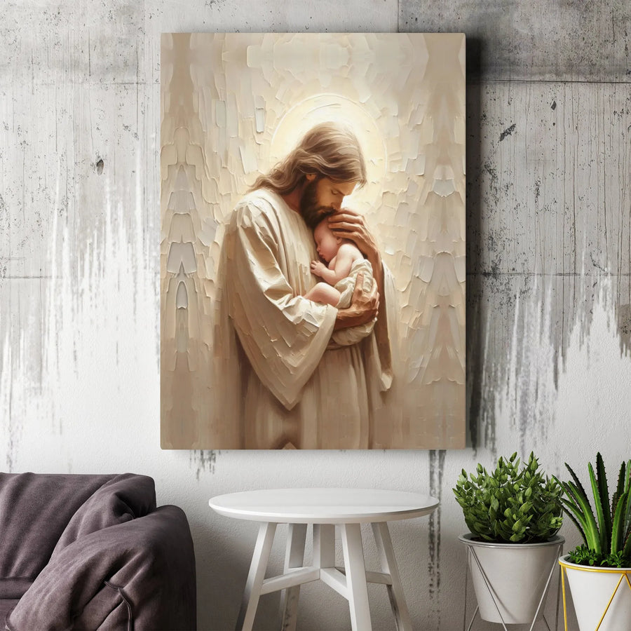 Jesus Holding Baby Canvas Wall Art | Serene Religious Portrait | Premium 1.25-inch Thick Gallery Print | Inspirational Christian Home Decor Gift