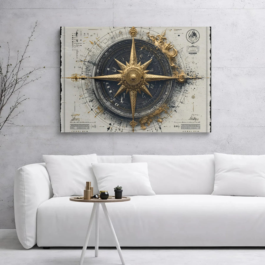 Ornate Gold Compass Rose Wall Art | Vintage Nautical Chart Blueprint Design | 1.25" Thick Premium Gallery Wrap Canvas | Sophisticated Home Office Decor Gift