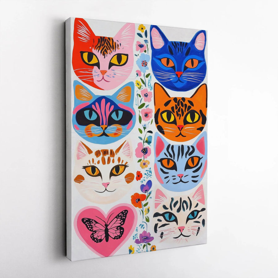 Colorful Cat Faces Canvas Wall Art | Pop Art Butterfly Floral Print | Premium Fade-Resistant Gallery Wrap | Whimsical Home Decor Gift