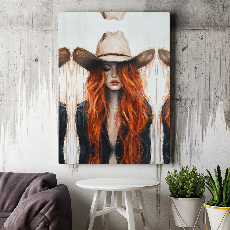 Western Cowgirl Canvas Wall Art | Abstract Redhead Cowboy Hat Portrait | Premium 1.25" Gallery Wrap | Modern Home Decor Gift