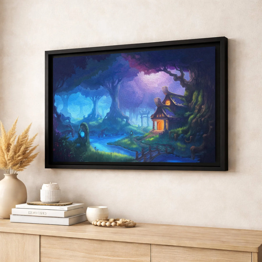 Enchanted Forest Wall Art | Magical Glowing Cottage Canvas Print | Premium Gallery Wrapped Decor | Fantasy Landscape Gift for Home Office