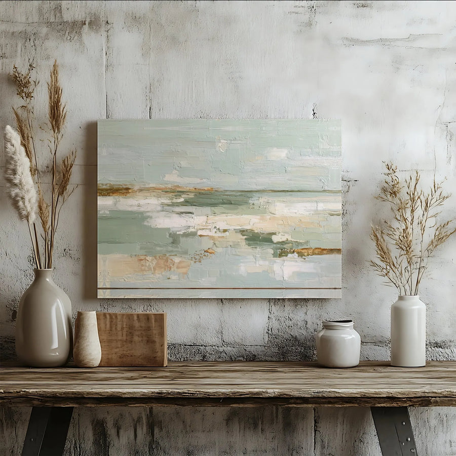 Abstract Coastal Seascape Canvas Wall Art | Sage Green Textured Modern Painting | Premium Gallery Wrapped Decor | Gift for Beach Home Lovers