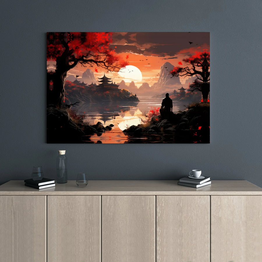 Japanese Zen Garden Canvas Wall Art | Red Maple Tree Meditation Sunset | 1.25-Inch Gallery Wrap Print | Peaceful Home Decor Gift