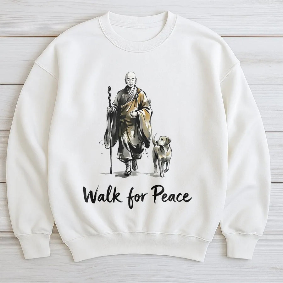 Walk For Peace Zen Monk Sweatshirt | Minimalist Buddhist Art Graphic | Premium Cotton Blend | Spiritual Gift for Mindfulness and Yoga Enthusiasts