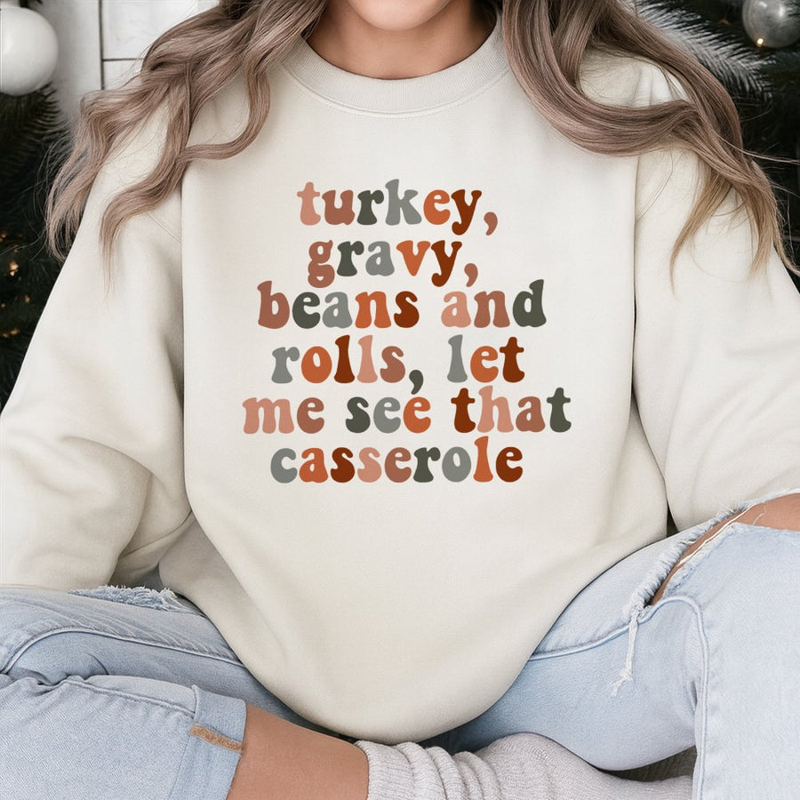 Turkey Gravy Beans and Rolls Sweatshirt | Retro Thanksgiving Dinner Graphic | Premium Cotton Blend Crewneck | Funny Holiday Gift for Foodies