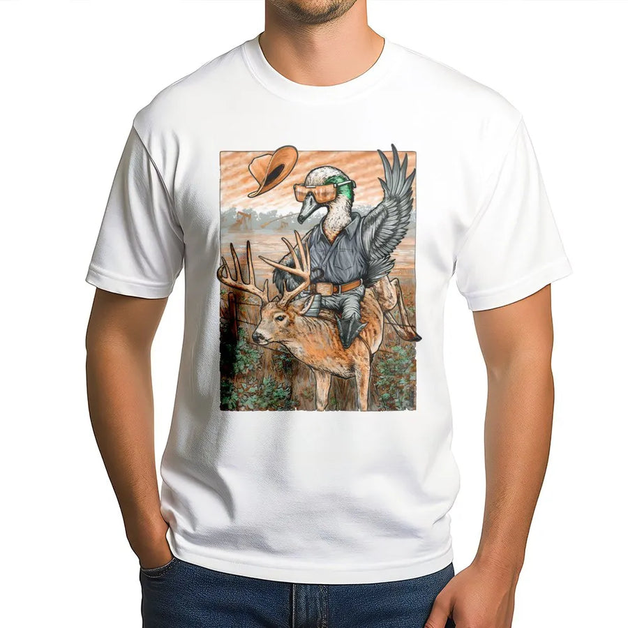 Buckin Deer Duck Graphic T-Shirt | Retro Cowboy Mallard Hunting Art | Premium Soft Cotton Tee | Funny Outdoor Wildlife Gift For Hunters