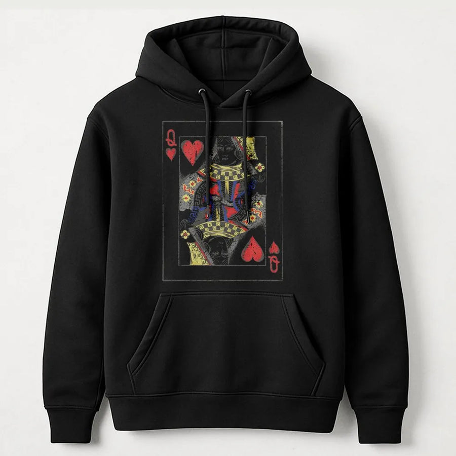 Queen Of Hearts Hoodie | Vintage Playing Card Graphic Print | Soft Cotton-Poly Blend | Streetwear Gift for Card Game Lovers