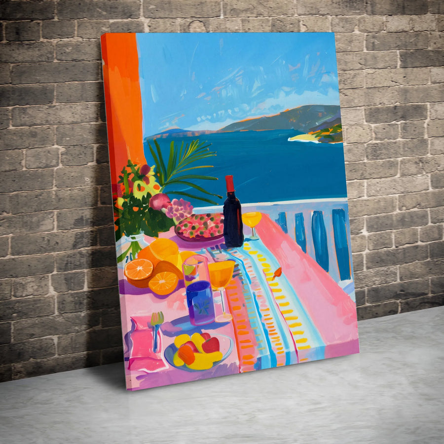 Mediterranean Balcony Canvas Wall Art | Vibrant Amalfi Coast Seaside Lunch Painting | Premium Gallery Wrap Decor | Coastal Home & Office Gift