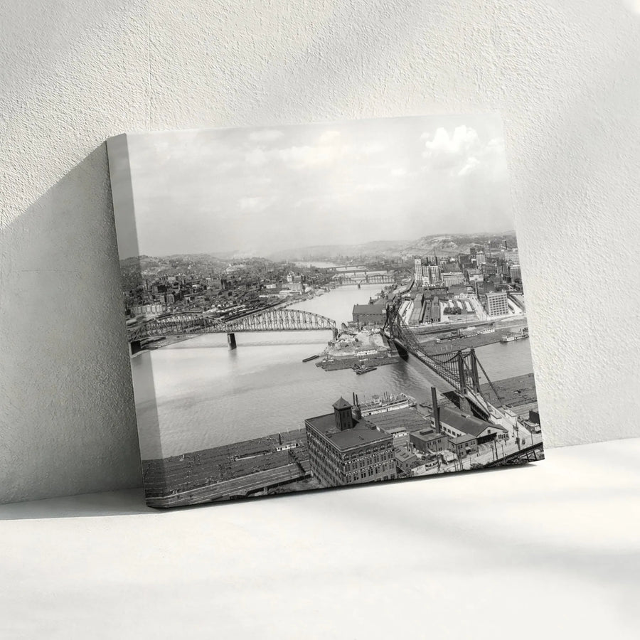 Vintage Pittsburgh Cityscape Canvas Print | Black and White Riverfront Skyline | 1.25-Inch Gallery Wrap | Pennsylvania Home Office Decor