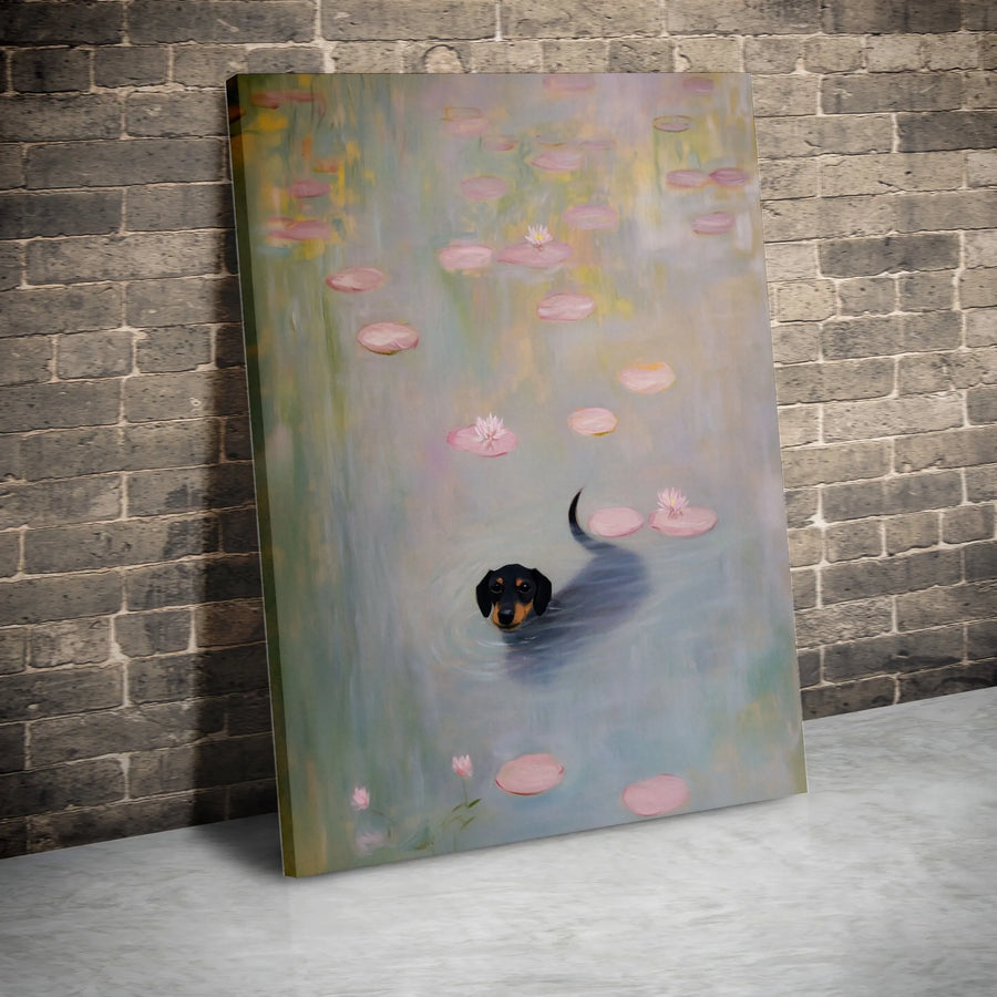 Dachshund Canvas Wall Art | Impressionist Monet Water Lily Pond Print | Premium Gallery Wrap Decor | Dog Lover Gift For Home Office