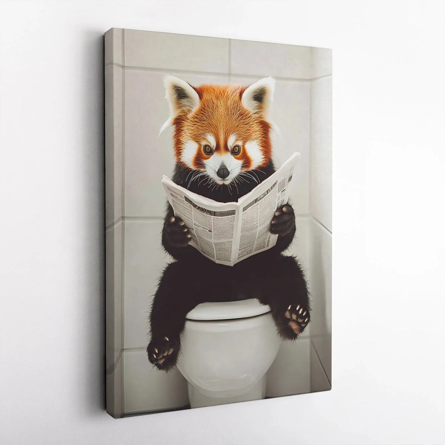 Funny Red Panda on Toilet Canvas Wall Art | Whimsical Animal Reading Newspaper | Premium 1.25" Gallery Wrap | Quirky Bathroom Decor & Housewarming Gift for Men