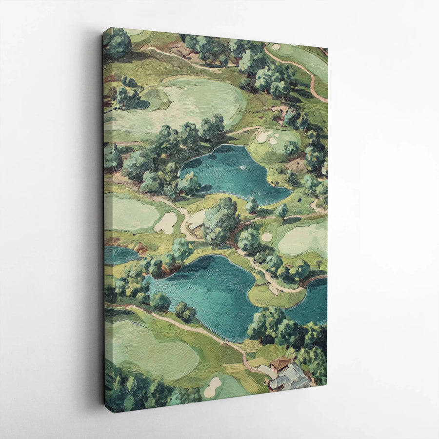 Vintage Golf Course Canvas Wall Art | Painterly Aerial Landscape Print | Premium Gallery Wrap Canvas | Gift for Golfer Dad, Man Cave Decor