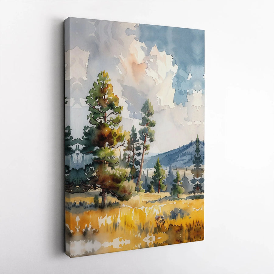Watercolor Mountain Pine Forest Canvas Art | Golden Meadow Landscape Print | 1.25 Inch Gallery Wrap | Modern Nature Wall Decor For Home Office