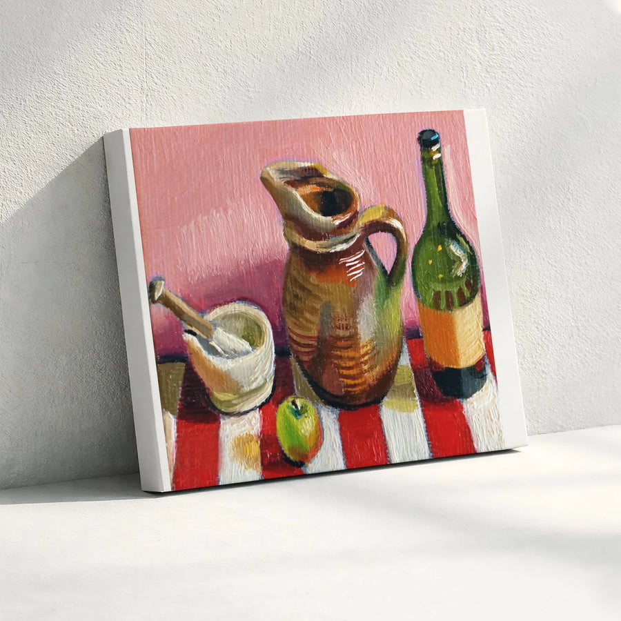 Still Life Painting Canvas Wall Art | Rustic Kitchen Scene with Wine & Apple | Premium Gallery Wrapped Canvas | Dining Room Decor Gift