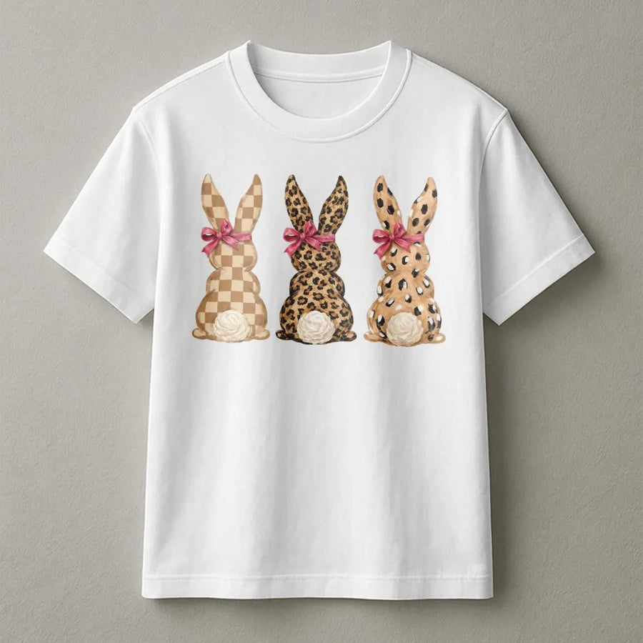 Leopard Bunny Easter Shirt | Cute Rabbit Graphic Tee with Leopard & Checkered Print | Soft Cotton Top | Happy Easter Gift for Women