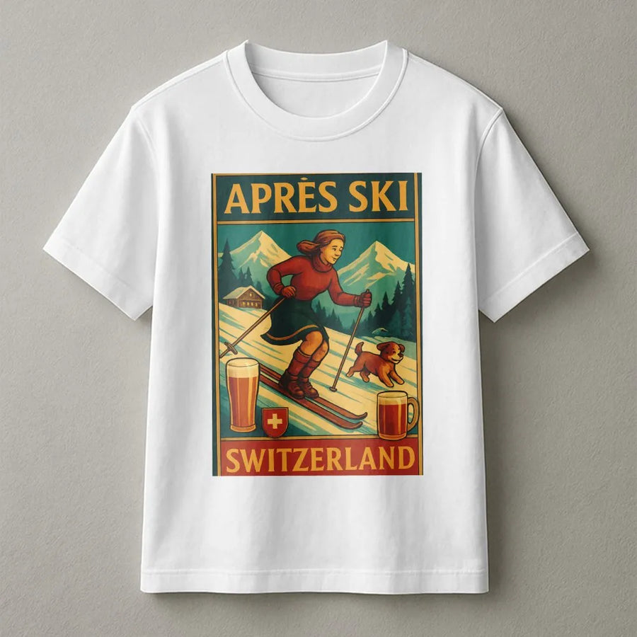Après Ski Switzerland T-Shirt | Vintage Travel Poster Graphic | Premium Cotton Tee | Gift for Skier & Winter Sports Fan