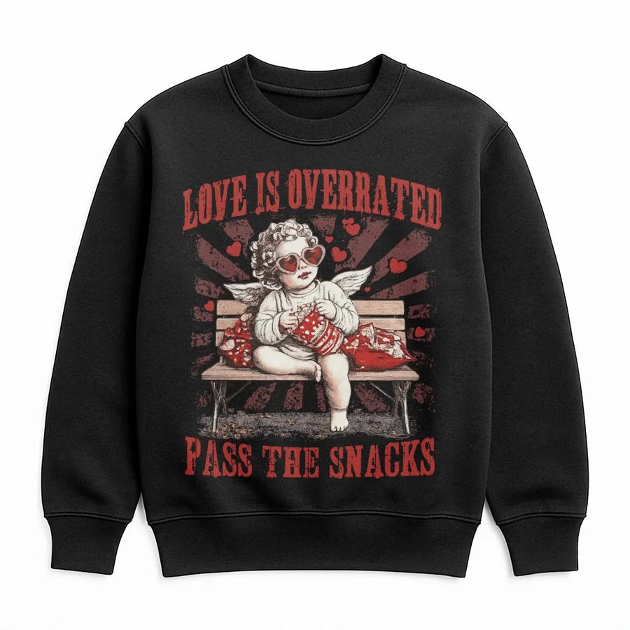 Love Is Overrated Sweatshirt | Funny Anti-Valentine Cupid Graphic | Premium Cotton Blend | Sarcastic Gift for Women & Men
