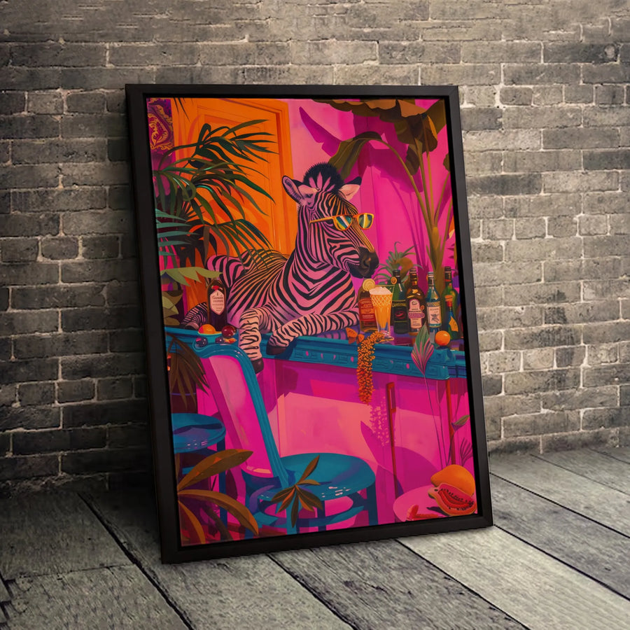 Tropical Zebra Wall Art | Colorful Retro Bar Scene Canvas | Premium Fade-Resistant Print | Quirky Animal Decor for Modern Home Office