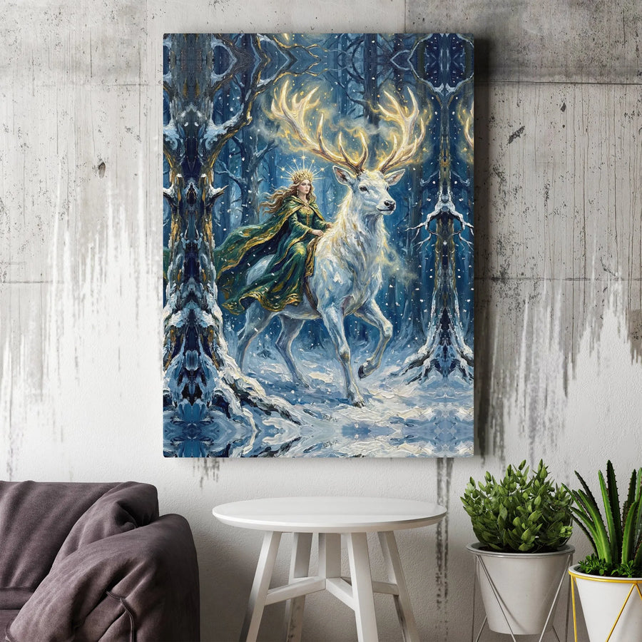 Fantasy Queen and Stag Canvas Print | Winter Forest Wall Art with Glowing Antlers | Premium Textured Digital Painting | Mythical Home Decor Gift