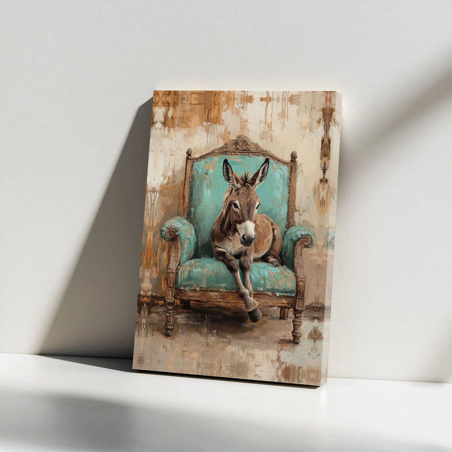 Donkey Wall Art Canvas | Whimsical Animal Sitting in Teal Armchair | Premium Gallery Wrapped Decor | Funny Farmhouse Living Room Gift