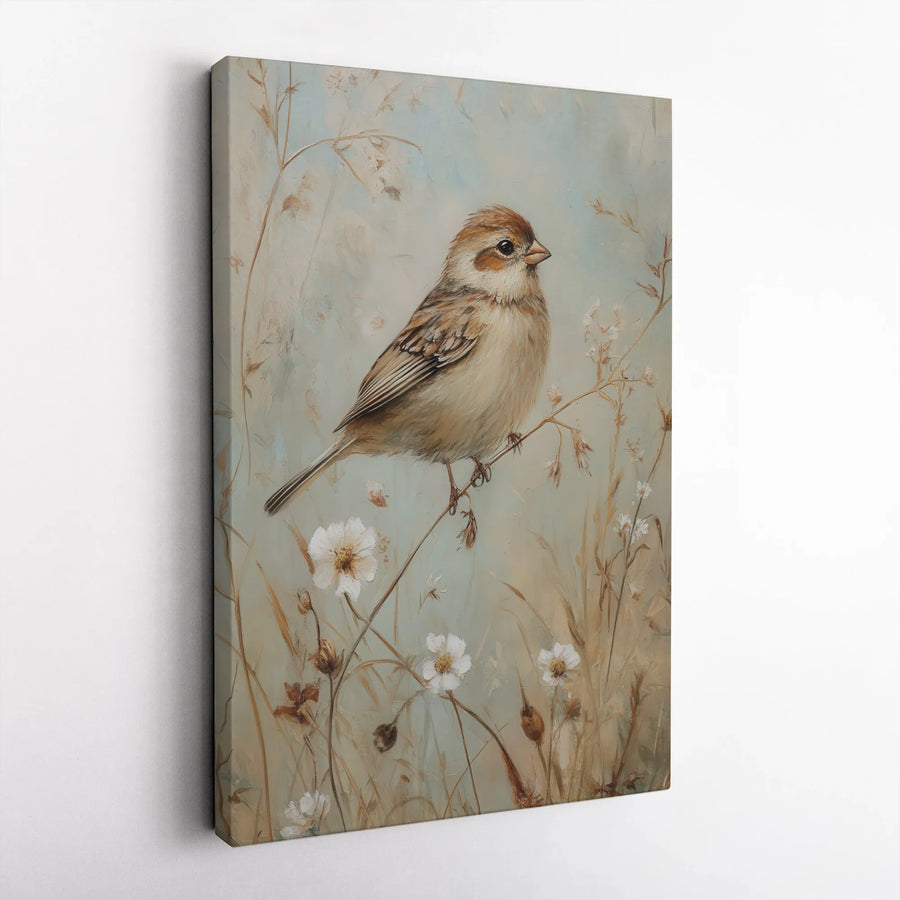 Sparrow Bird Canvas Wall Art | Vintage Botanical Wildflower Print | Premium Gallery-Wrapped 1.25" Profile | Nature-Inspired Home Office Decor Gift