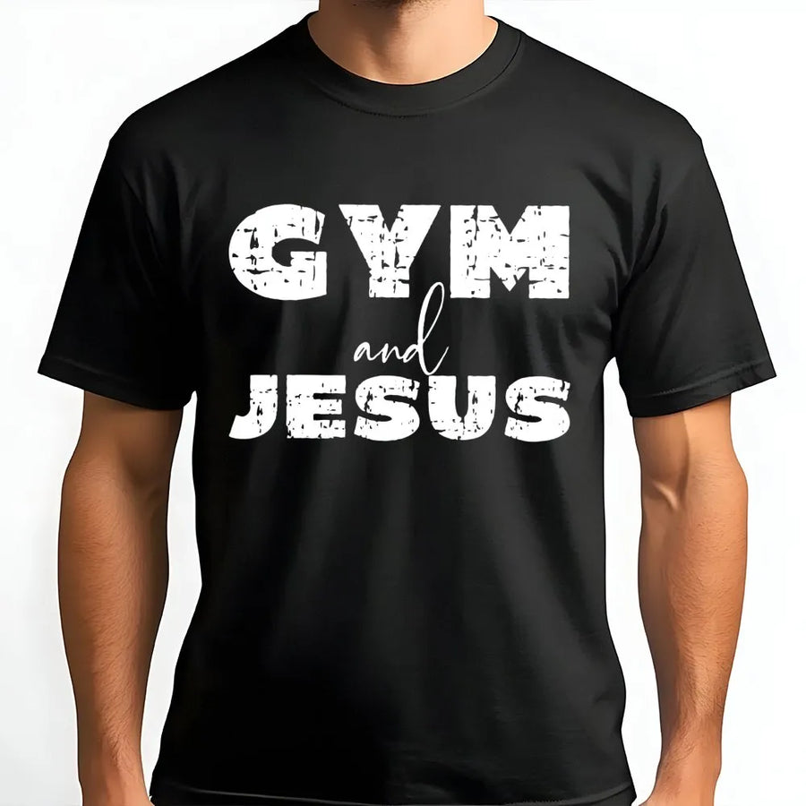 Gym and Jesus T-Shirt | Distressed Graphic Christian Workout Tee | Premium 100% Cotton | Inspirational Fitness Apparel Gift for Women and Men