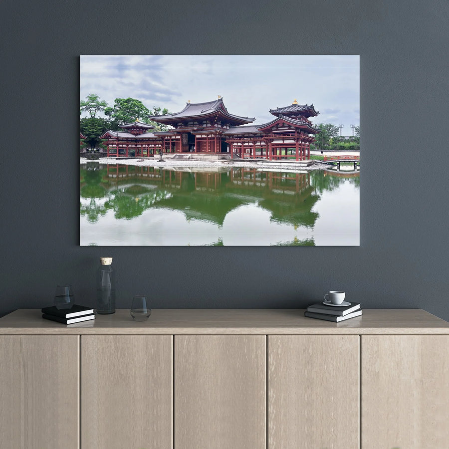 Japanese Byodo-In Temple Canvas Wall Art | Zen Buddhist Shrine Pond Reflection | Premium Gallery Wrap Print | Peaceful Asian Home Decor