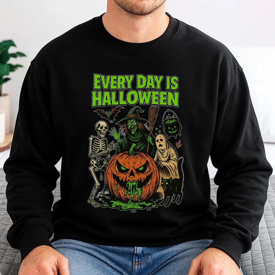 Every Day Is Halloween Sweatshirt | Spooky Witch Skeleton Pumpkin Graphic | Premium Cotton Blend | Unisex Horror Lover Gift