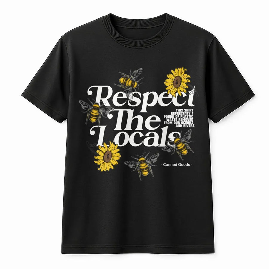 Respect The Locals Graphic T-Shirt | Sunflower And Honeybee Print | 100% Cotton Premium Tee | Eco-Friendly Nature Gift For Bee And Flower Lovers
